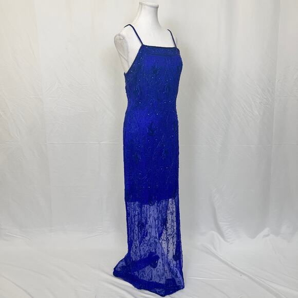 Riva Designs Royal Blue Silk Beaded Evening Gown, 1920s Gatsby Style, Size 10 - Picture 2 of 5